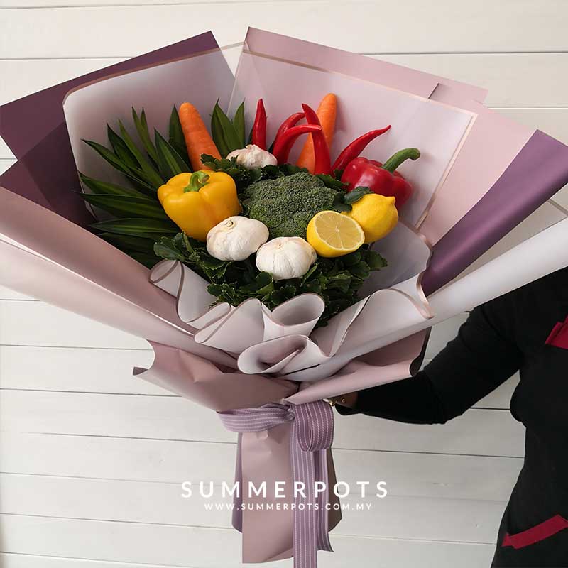 alt=A Delighful Veggie Bouquet by Summer Pots, one of the top florist in KL, to brighten up graduation day of your beloved friends and family!